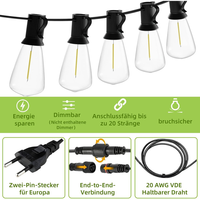 Світлодіодна гірлянда AzureStar для вулиці, 15 метрів, 2700K, ST38, IP44, для декору саду, балкону, вечірки, фестивалю