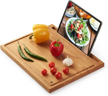 Edelding Cutting and Serving Board made of high-quality oak, 40 x 30 cm in size, with a juice groove and tablet holder | Antibacterial kitchen board | Serving board, breakfast board, solid wood board