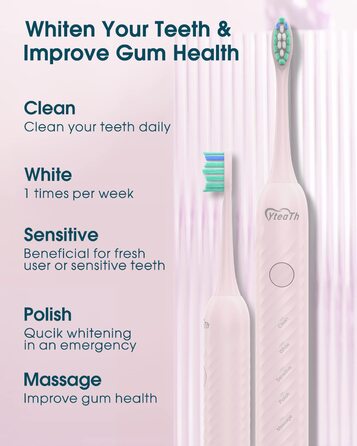 Електрична зубна щітка для дорослих з 6 насадками, акумуляторна звукова щітка, рожева (1 шт.) - тривала робота до 180 днів