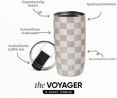 Термостакан Simple Modern Voyager з кришкою-клапаном, ізольований стакан з нержавіючої сталі для кави та напоїв, 470 мл, Midnight Black (Checkmate)