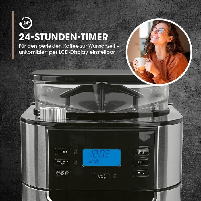 Кавомашина Barista Filterkaffeemaschine з регульованим млинком та термокружка | Функція підігріву, таймер 24 год та перманентний фільтр | Для 10 чашок кави | Кавомашина для зерен та меленої кави [Нержавіюча сталь] 5) Нержавіюча сталь - термокружка - з мли