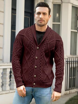 Чоловіча в'язана жилетка Comdecevis з коміром-шарфом, рельєфним в'язанням, ґудзиками, довгими рукавами, кишенями, темно-бордовий (3XL)