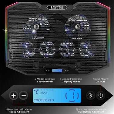 Ігровий охолоджувач для ноутбука EMPIRE GAMING Guardian S-C100 RGB, 6 вентиляторів, LCD-контролер, 5 рівнів висоти, підставка для смартфона, для ноутбуків 12-17 дюймів