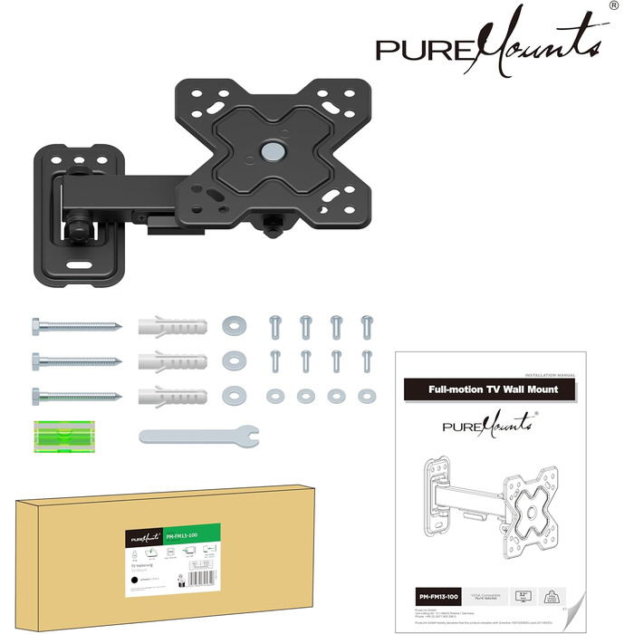 Кріплення для телевізора PureMounts - настінний кронштейн, нахильний та поворотний, VESA 200x200 мм, для телевізорів та моніторів до 30 кг, чорний (без шарнірного кріплення, 13-32 дюйми)