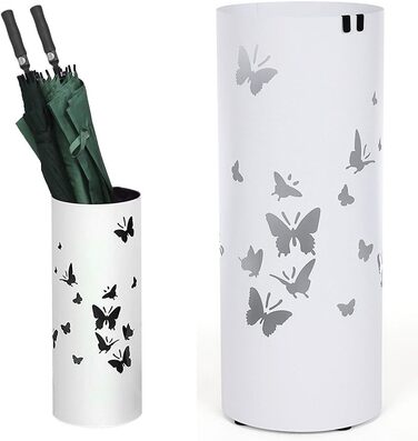 Bakaji Metal Umbrella Stand with Water Tray and Hooks - White, for Rain and Walking Sticks