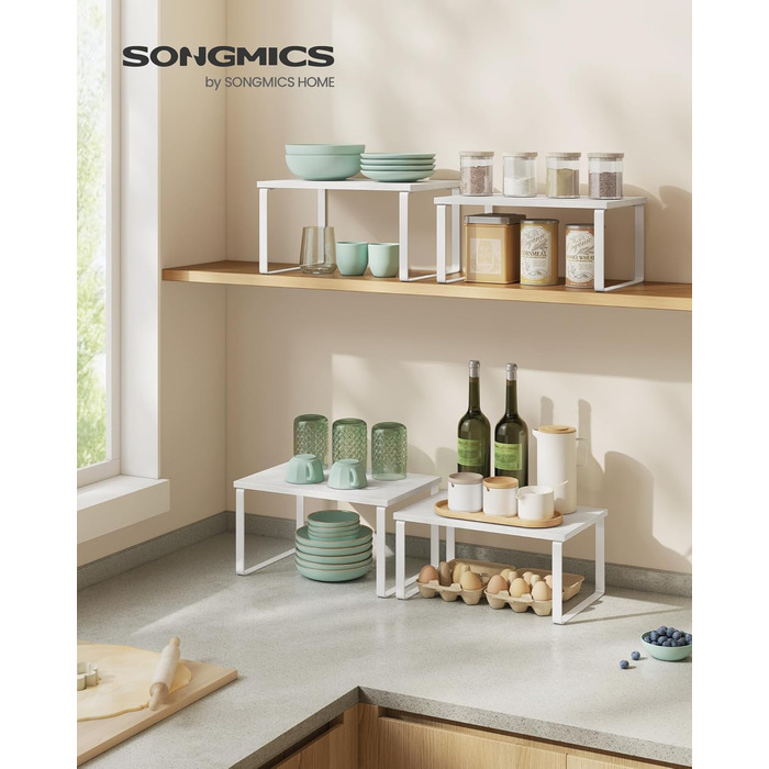 SONGMICS Spice Rack, 4-Piece Set, Kitchen Shelf, Kitchen Organizer, Expandable, Spice Holder, Stackable, with Metal Frame, 19.5 x 29.7 x 15.8 cm, Ink Black-Natural Beige KCS10NB (Cloud White + Snow White, 29.7B cm)