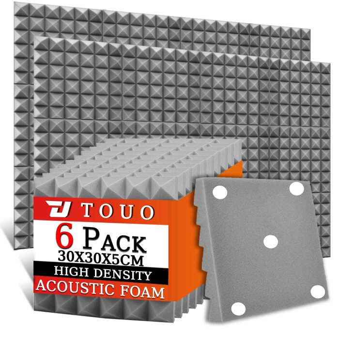 Акустичні пірамідні панелі для звукоізоляції стін та стелі, вогнетривкий шумопоглинаючий поролон 30x30x5 см, сірий, 6 шт