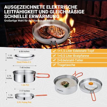 Набір посуду для кемпінгу KingCamp на 2-4 особи: нержавіюча сталь, складаний посуд, легко важить, набір каструль та сковороди для кемпінгу, 2 каструлі + 1 сковорода + столові прибори