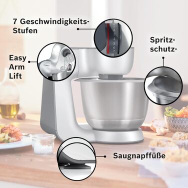 Bosch Kitchen Machine Series 4 MUM54251, 3.9 L Bowl, 1.25 L Mixer, Meat Grinder, Citrus Press, Dicer, Dough Hook, Beater, Whisk, Continuous Slicer, 3 Discs, 900 W, White/Silver