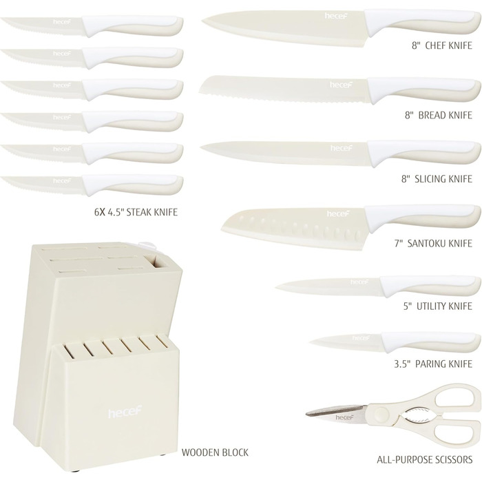 Набір ножів Hecef 14 предметів з бруском, кремового кольору, з антипригарним покриттям. Самозаточувальний ніжний блок, ергономічні ручки, компактний набір ножів для будь-якої кухні, безпечний для миття в посудомийній машині.