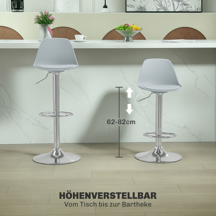 HOMCOM Set of 2 Bar Stools, Upholstered Bar Chair with Steel Frame, Backrest, Height Adjustable Kitchen Stools with Footrest 360° Swivel Counter Stools for Kitchen, Living Room, Dining Room, Faux Leather Grey | Aosom