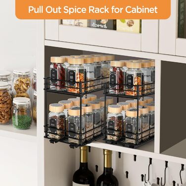 VINATO Висувна полиця для спецій на 2 яруси – органайзер для кухні з роликовими направляючими, підставка для спецій у шафку, полиця для спецій без свердління (26x15x21,8 см)