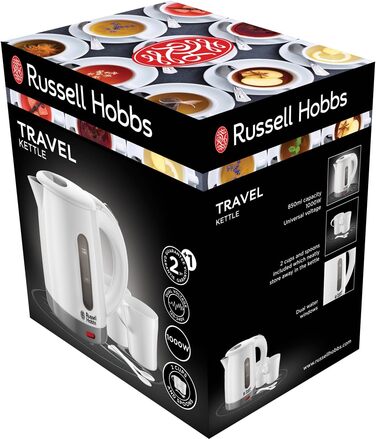 Електричний чайник Russell Hobbs 0.85л з адаптацією до напруги, для подорожей (1000W, 2 чашки, 2 ложки)