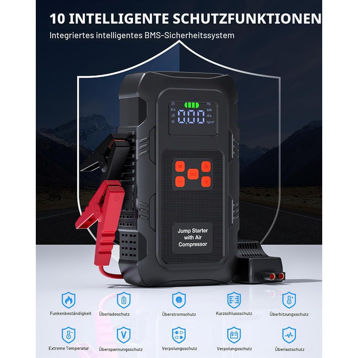 Пусковий пристрій Povasee Jump Starter 9000A з компресором 150 PSI, бустер для авто 12V та Powerbank з ліхтариком (Червоний/Чорний)