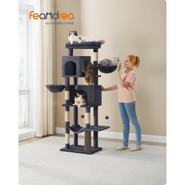 Кігтеточка Feandrea, 175 см, XL, багатоярусна з 2 будиночками, 2 лежаками, 5 кігтеточками, щіткою для котів, великою платформою, темно-сіра