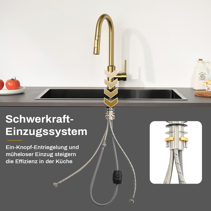 Змішувач кухонний з висувною лійкою та душовою насадкою, поворотний на 360°, 2 режими, нержавіюча сталь (золотий)