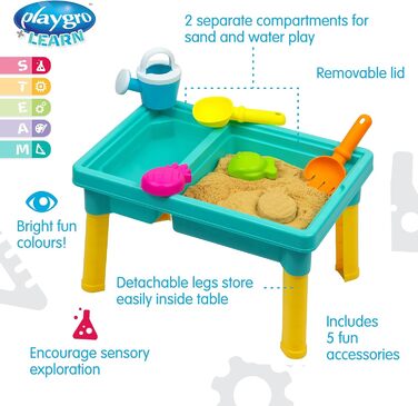 Playgro Sand and Water Table Outdoor Toy – Toddler Activity Table Sandbox Toy Sensory Table Summer Toy Beach Table 5-Piece Accessory Set for Baby Kids Girls Boys