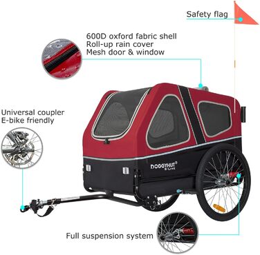 Doggyhut S-Line XL: велосипедно-колісний візок для собак, 2 в 1, до 45 кг, червоно-чорний