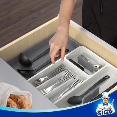 MR.SIGA Expandable Cutlery Box for Drawers, Utensil Holder Kitchen, Adjustable Cutlery Organizer for Cutlery, Kitchen Gadgets and Cooking Accessories, White & Grey