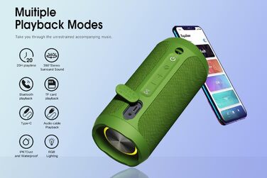 EDUPLINK Портативна Bluetooth колонка водонепроникна IPX7 бездротова (Зелена) Зелений вологозахищений динамік