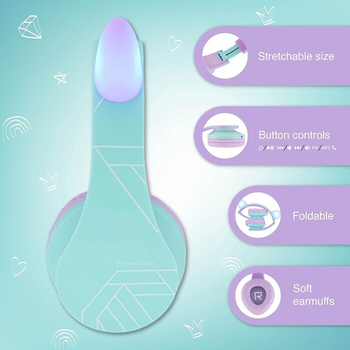 Дитячі навушники PowerLocus Bluetooth з обмеженням гучності 85dB, складні, з чохлом, Over-Ear, бездротові та з кабелем, з мікрофоном, підтримка Micro-SD, для телефону, ПК, планшета, зелені (фіолетові/зелені з вушками)