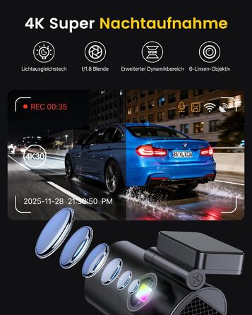 Автомобільний відеореєстратор GKU 4K+1080P (передній та задній), 5GHz WiFi, з карткою пам'яті 64GB, глянцевий чорний