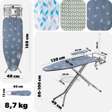 Прасувальна дошка KADAX з підвішуванням для рукавів 130x41 см, поверхня для прасування 53x13 см, з підставкою для праски та розеткою, складна, з підключенням до парогенератора, виготовлена в ЄС (Темно-синій)