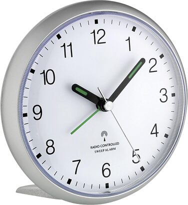 TFA Dostmann Analog Radio Clock, 60.1506, quiet sweep movement, loud alarm, easy-to-read digits, with radio clock function, bedroom clock, office/home office, with snooze function, illuminated, tall, silver