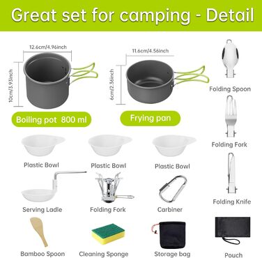 Набір посуду для кемпінгу з газовою плитою, туристичний посуд, складний набір каструль з алюмінію для BBQ, пікніка, походів (1-2 особи)