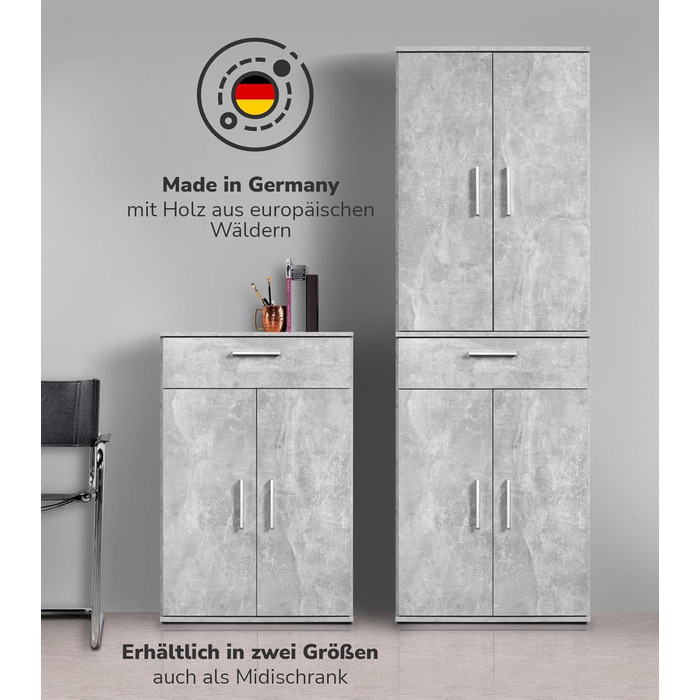 Multipurpose cabinet 60cm wide with drawers 'The Practical', small office cabinet or filing cabinet, also suitable as a shoe cabinet or storage cabinet in 60x90x34 cm (W/H/D) in White (Height 90CM, Concrete Look -92)