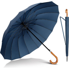 NINEMAX Large Windproof Umbrella - Wooden Handle Walking Umbrella for Men & Women - 16 Ribs Automatic Open - 2 Person Capacity (Navy Blue)
