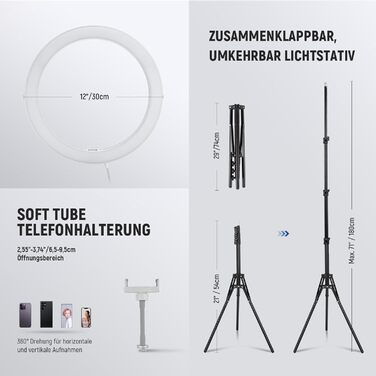NEEWER Комплект кільцевого світла для фото та відео: 48 см, 52 Вт, регульоване LED кільцеве світло з штативом та Bluetooth для смартфона, YouTube, селфі (RH12B Pro)