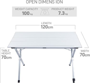 Розкладний туристичний стіл EVER ADVANCED 120x70 см з алюмінію для кемпінгу, пікніка, саду, балкону, срібний