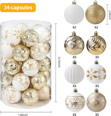34 штуки новорічних кулі, прикраси для ялинки з пластику, новорічні прикраси з ключ-стрічкою, набір з малюнком оленя, кульки для прикраси ялинки (біле золото)