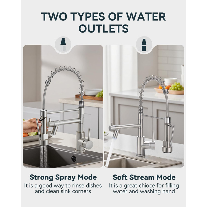 Сучасна кухонна змішувач Warmiehomy з LED-підсвічуванням, поворотний на 360°, з двома виливами, високий вигин, спіральна пружина, для мийки, з нержавіючої сталі, брашований нікель