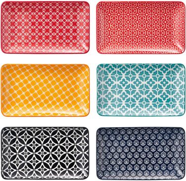 DOWAN Сервірна таця 6-ти місна - Bone China, прямокутна, 20.5 см - для закусок, суші, фруктів, салату, десерту. Можливе використання в мікрохвильовій печі, духовці, миєвій машині. Багатобарвна