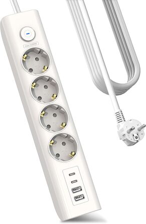 Мережевий фільтр Steckdose 8 в 1 з USB, 3680W з вимикачем, 16A з 2 USB-C, для смартфонів, ноутбуків, iPad, білий кабель 1.8м