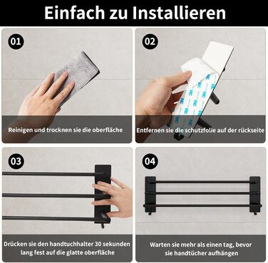 Тримач для рушників Vista з 3-ма штангами, без свердління, нержавіюча сталь SUS304, сріблястий, з двома гачками, 60 см, для кухні, ванної кімнати, спальні