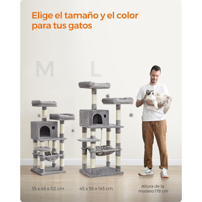 Дерево для дряпання Feandrea, 112 см, багатоповерхове, з 11 стовпчиками для дряпання, 2 платформами, будиночком та гамаком, 2 іграшками, сірий, PCT215W01