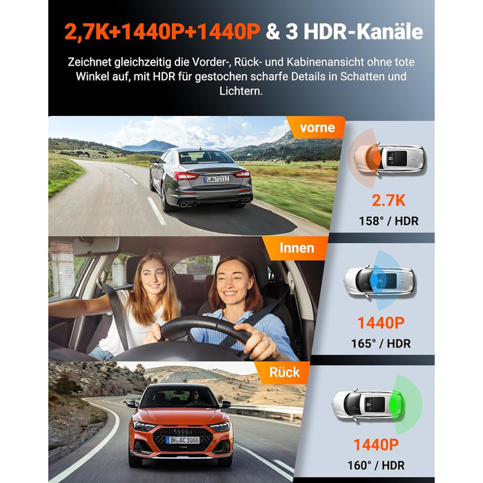 Автомобільний відеореєстратор VANTRUE N4S 3-канальний (2.7K+2.5K+1440P), STARVIS 2 HDR, нічна зйомка, 5GHz Wi-Fi, GPS, 24г паркування, G-сенсор, підтримка 1ТБ, для авто