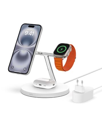 Belkin MagSafe 3-в-1 Бездротова Зарядка: Швидка Зарядка для iPhone, Apple Watch та AirPods (Біла)