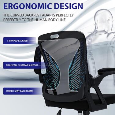 Офісний стіл з регульованими підлокітниками, ергономічний крісло з сітчастою спинкою, підтримкою попереку, регульованою висотою, м'яким сидінням, поворотним на 360°, чорний