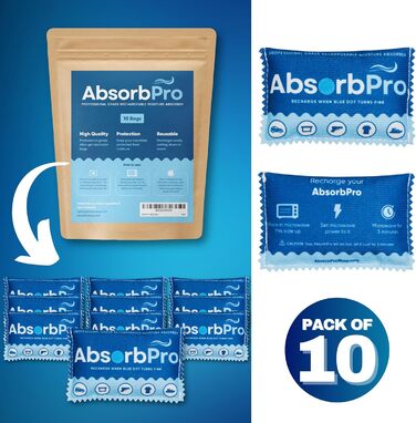 Absorb Pro Rechargeable Moisture Absorber Bags, 10 Pack, 100g, Reusable Moisture Absorbers, Silica Gel Packets for Trash Cans, Gym Bags, Gun Safes, Food Storage