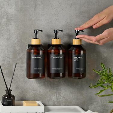 Набір з 3 дозатори мила для стін, 500 мл, флакони для шампуню та гелю для душу, чорний дозатор мила без свердління для кухні та ванної кімнати (коричневий флакон + чорний бамбуковий диспенсер)