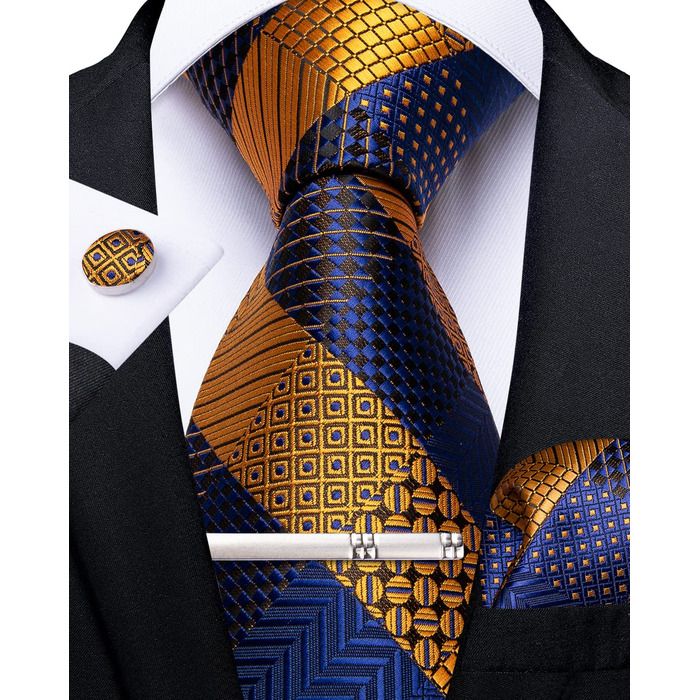 Набір аксесуарів для чоловіків DiBanGu: краватка-снуд, кишеньковий платок, запонки, кільце для краватки (4 шт.) - блакитний/коричневий