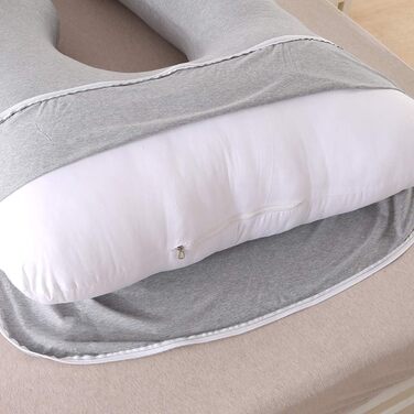 Mingfuxin Pregnancy Pillow, Large J-Shaped Full-Body Maternity Pillow with Removable Velvet Cover for Sleeping and Feeding (Knitted Cotton | Light Grey)