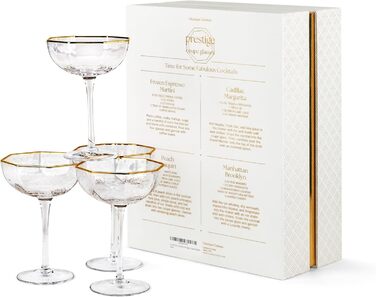 Набір з 4 склянок GLASSIQUE CADEAU Prestige для Еспресо Мартіні, дайкірі, коктейлів та шампанського. 150 мл, з золотим обідком, грановані, з довгим ніжкою.