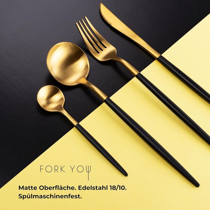 Cutlery Set Black Gold Matte (16-piece), stainless steel, tableware set for 4 people, dishwasher-safe, gift set in high-quality gift box