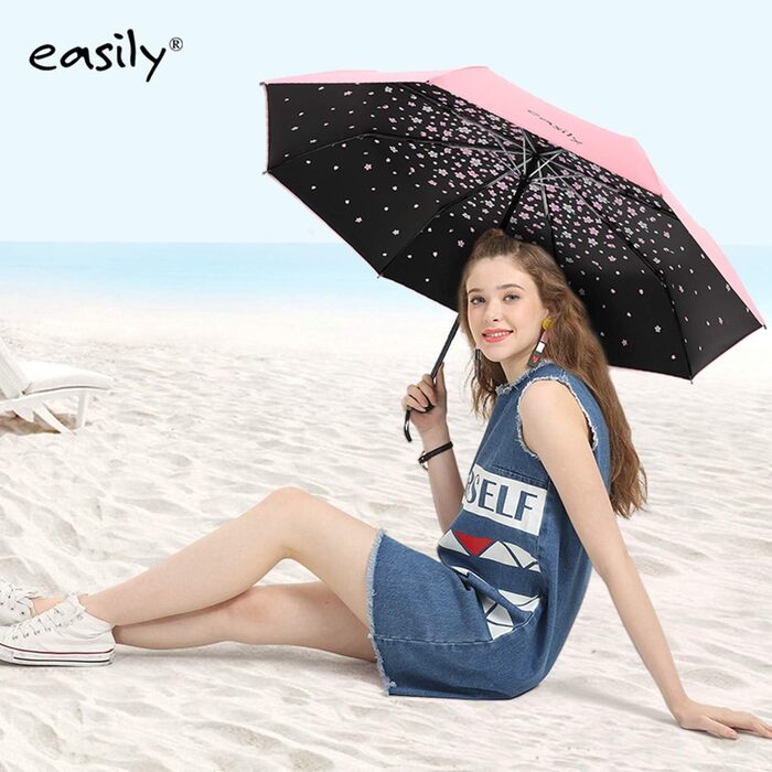 Зонт компактний, складаний, з UV-захистом, від Voy Lady – Рожевий, з квітковим малюнком (квіти сакури), діаметр у розкладеному стані 96 см