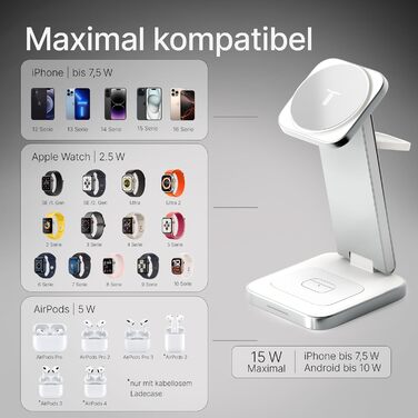TEGLER 3-в-1 MagSafe зарядний пристрій: алюмінієва зарядна станція для iPhone, Apple Watch та AirPods, з адаптером 20W та USB-C кабелем